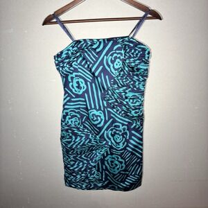 BCBGeneration NAVY BLUE/AQUA VINTAGE RUCHED STRAPLESS DRESS NWT 6 MINI DRESS Y2K